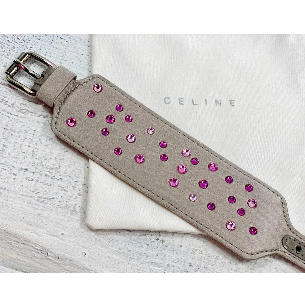 Céline Crystal Encrusted Leather Cuff Bracelet